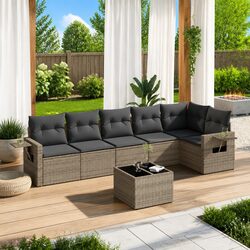 7 Piece Outdoor Garden Sofa Set Grey Poly Rattan Patio Furniture with Cushions