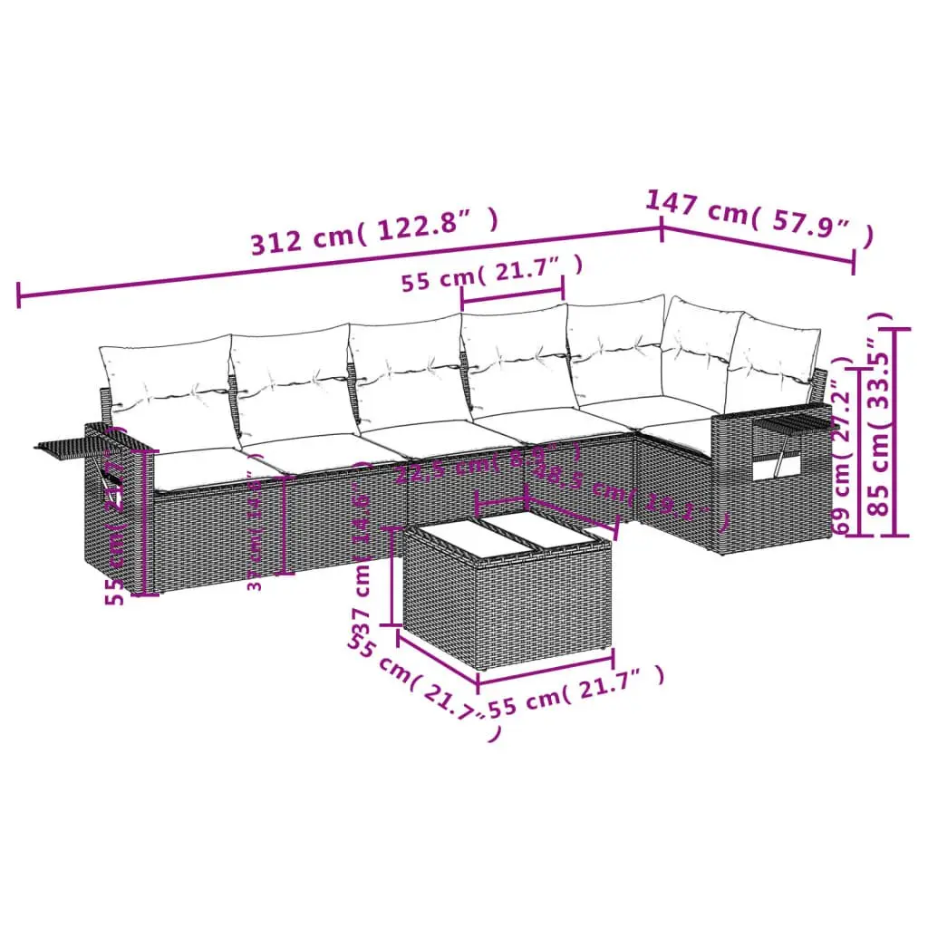 7 Piece Outdoor Garden Sofa Set for Patio Grey Poly Rattan with Cushions
