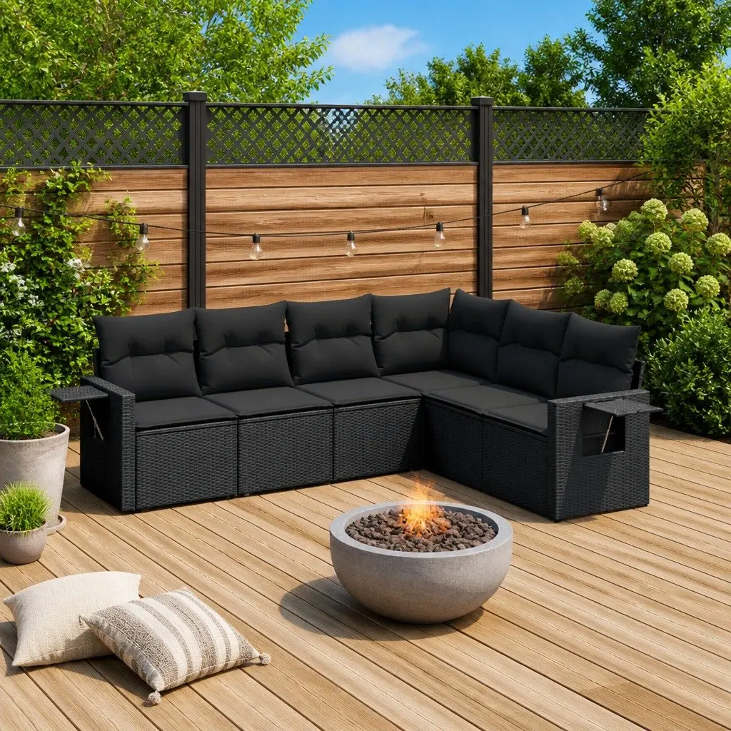 6 Piece Modular Black PE Rattan Sofa Set for Outdoors