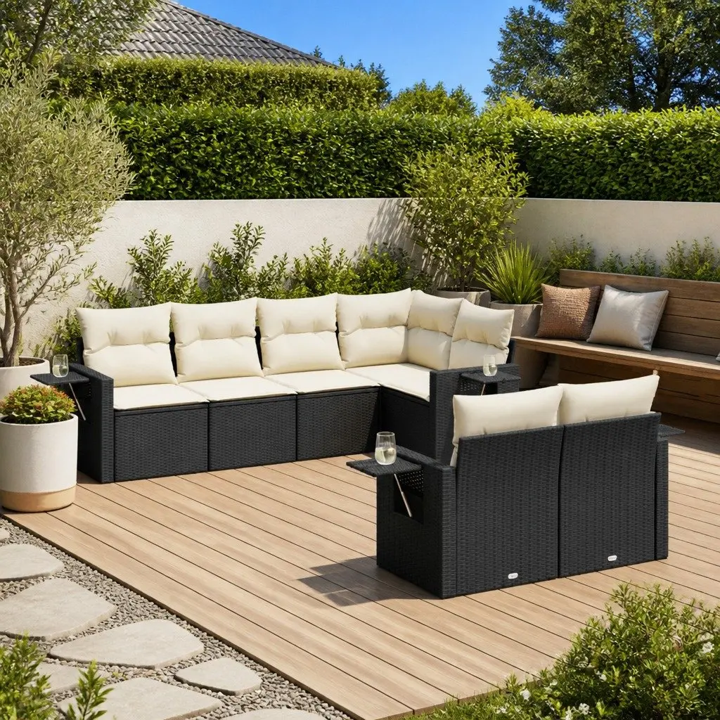 7 Piece Modular Outdoor Sofa Set with Cushions Black Poly Rattan for Patio and Garden