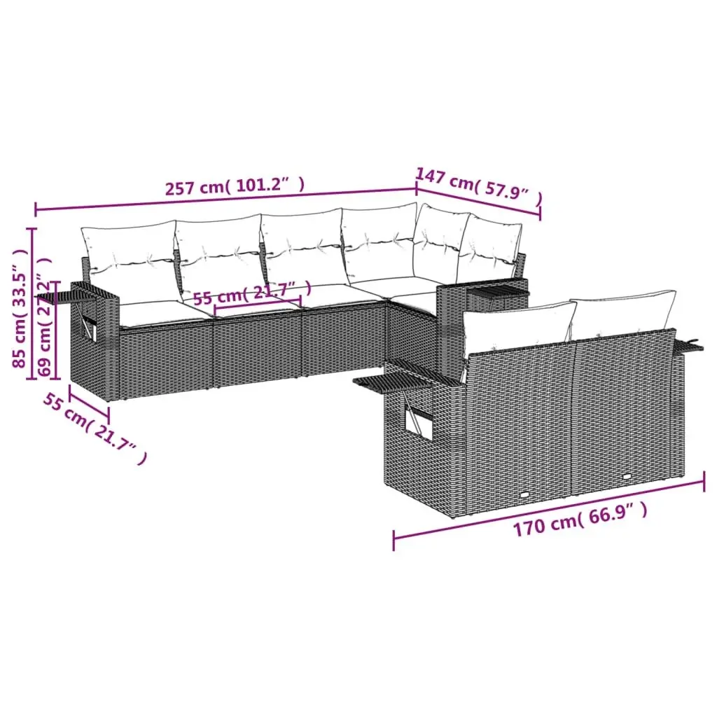 7 Piece Modular Outdoor Sofa Set with Cushions Black Poly Rattan for Patio and Garden