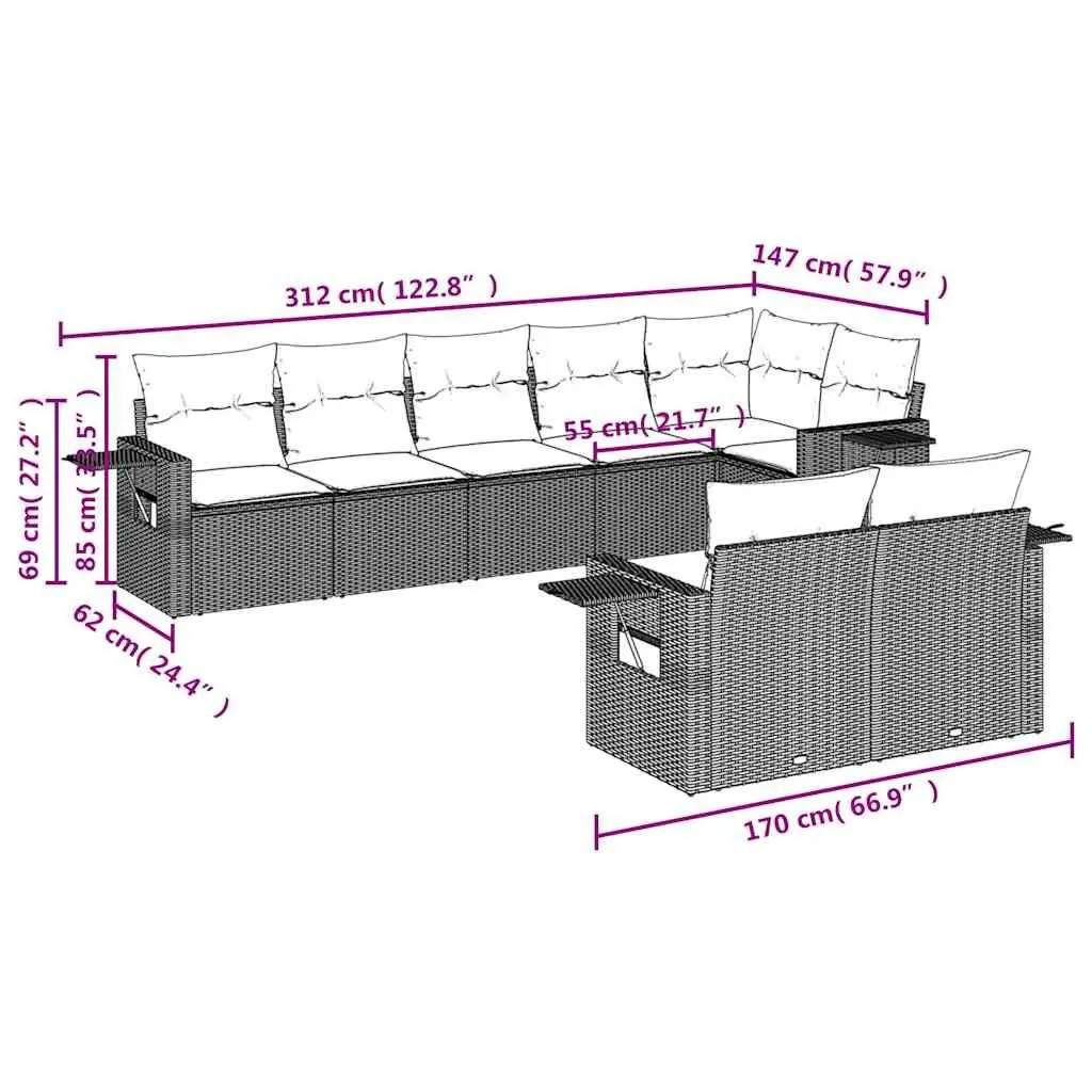 Garden Sofa Set 8 Piece Outdoor Furniture Black Rattan Modular Patio Lounge