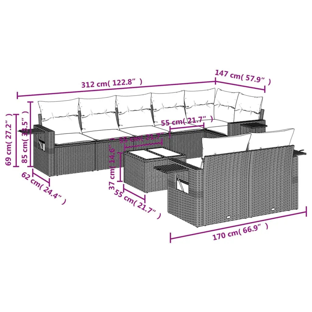 9 Piece Garden Sofa Set for Outdoor Use Grey Modular Patio Furniture with Cushions