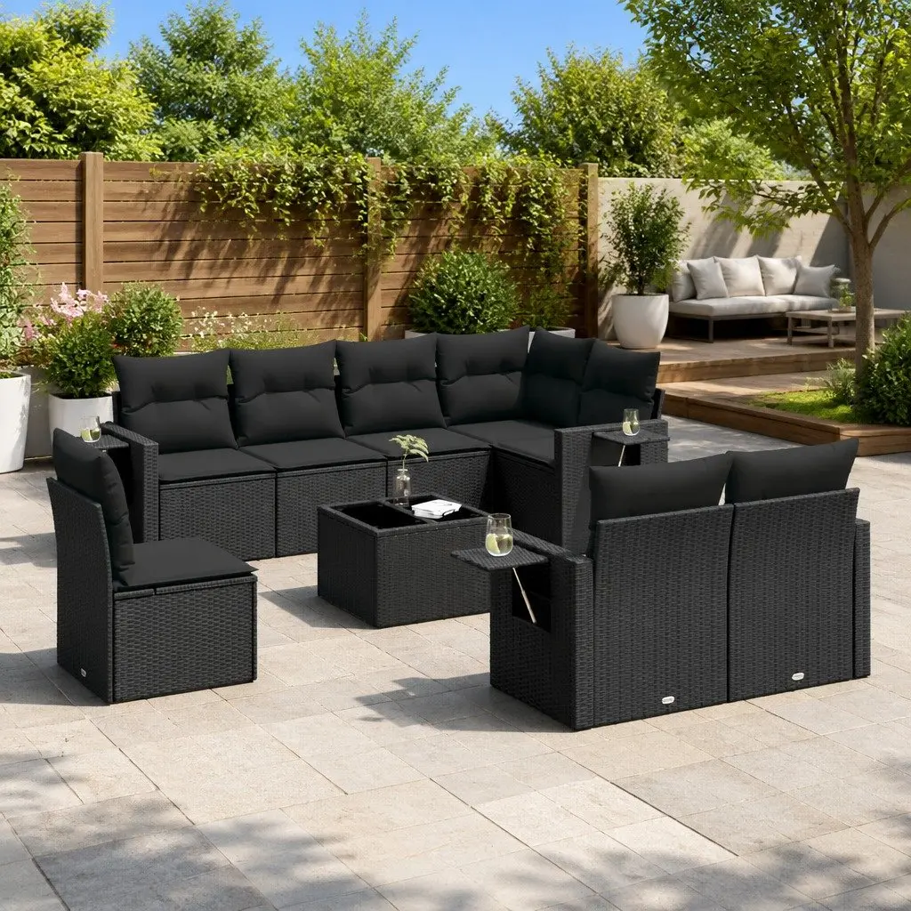 9 Piece Outdoor Garden Sofa Set Black Poly Rattan Patio Furniture