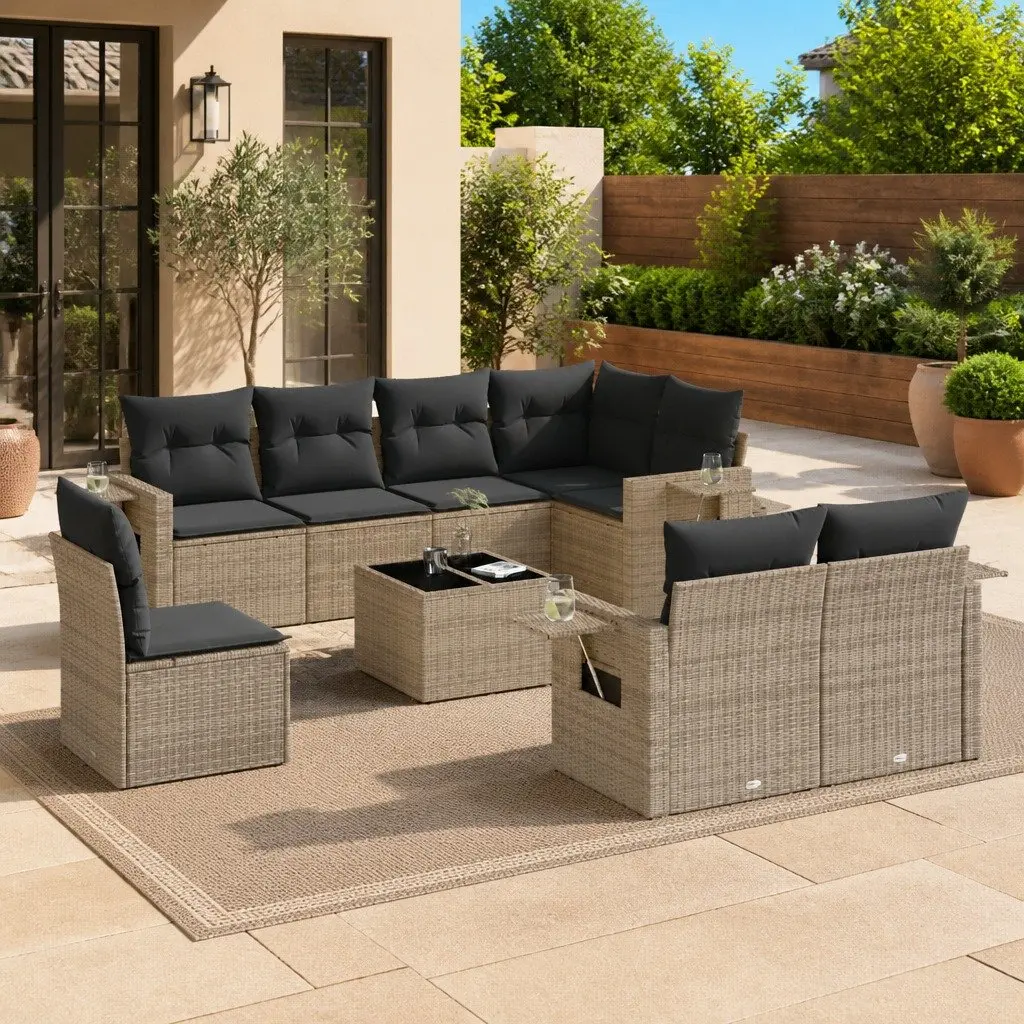Modular Outdoor Patio Furniture Set 9 Piece Grey Poly Rattan Garden Sofa with Thick Cushions and Tempered Glass Table