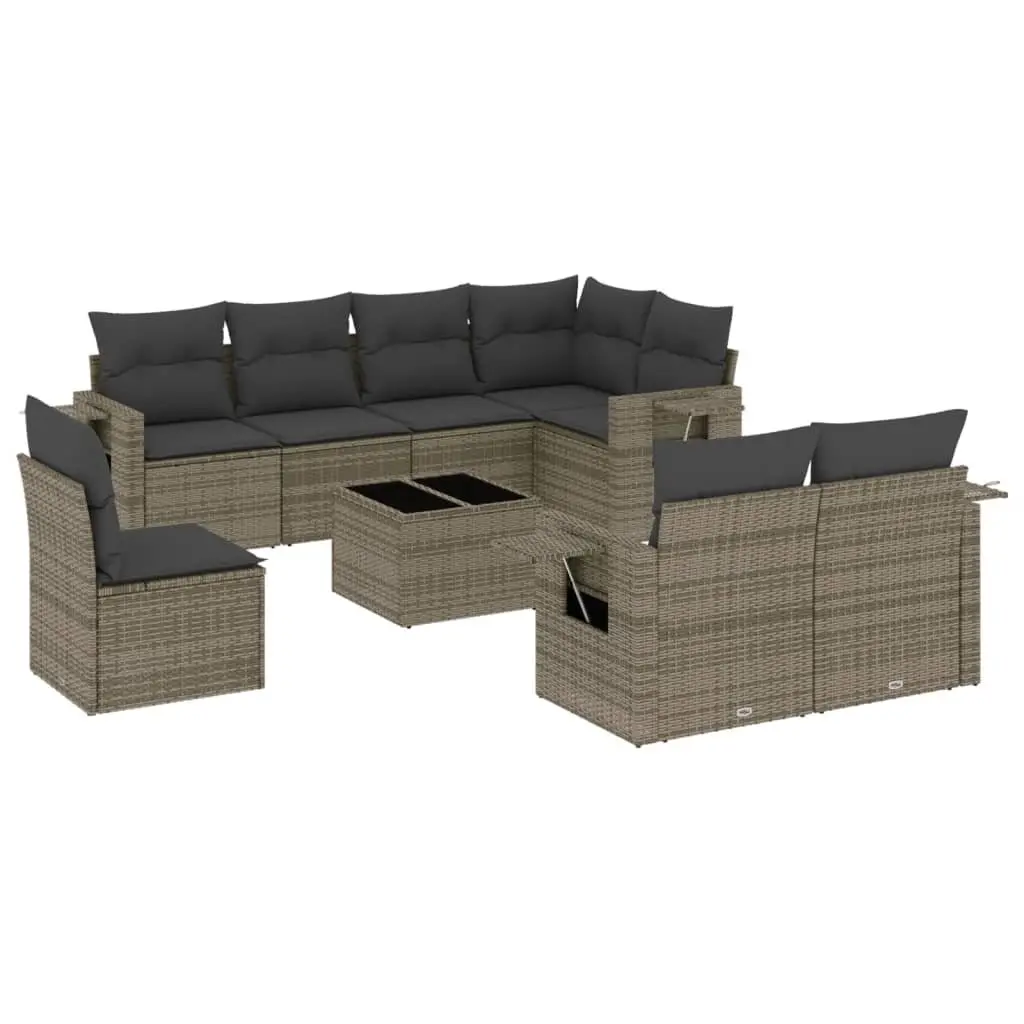 Modular Outdoor Patio Furniture Set 9 Piece Grey Poly Rattan Garden Sofa with Thick Cushions and Tempered Glass Table