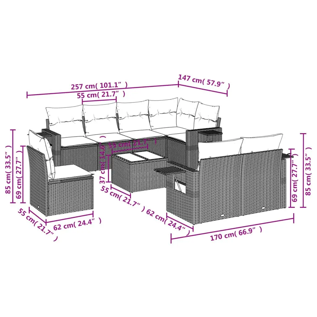 Modular Outdoor Patio Furniture Set 9 Piece Grey Poly Rattan Garden Sofa with Thick Cushions and Tempered Glass Table