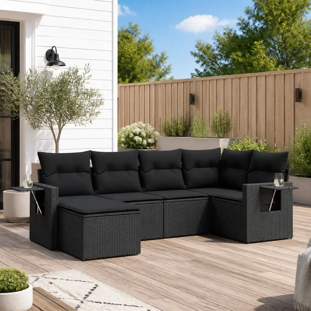 Garden Sofa Set 6 Piece Outdoor Furniture Black Poly Rattan Modular Patio
