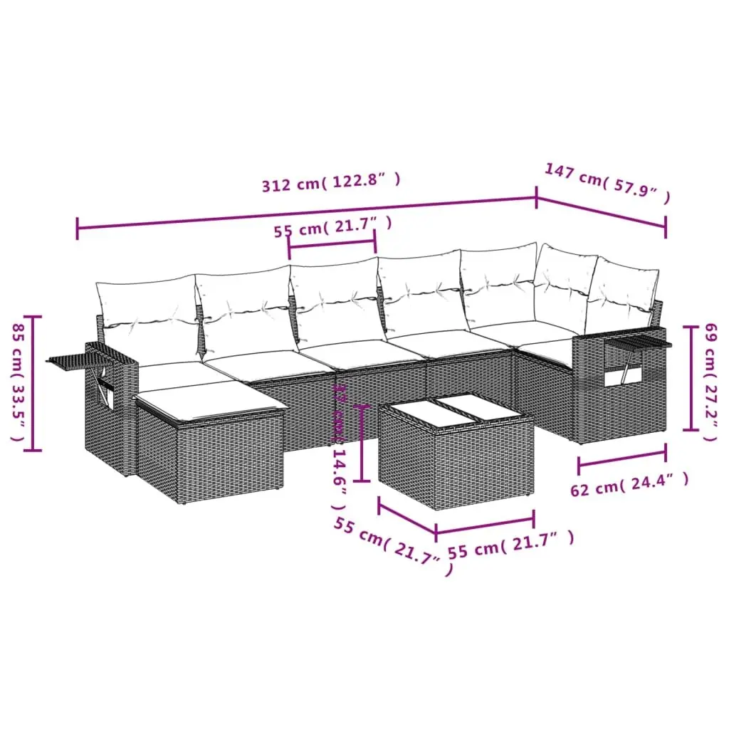 8 Piece Modular Garden Sofa Set with Glass Tabletop