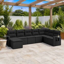 8 Piece Garden Sofa Set: Black Poly Rattan, Foldable Tables