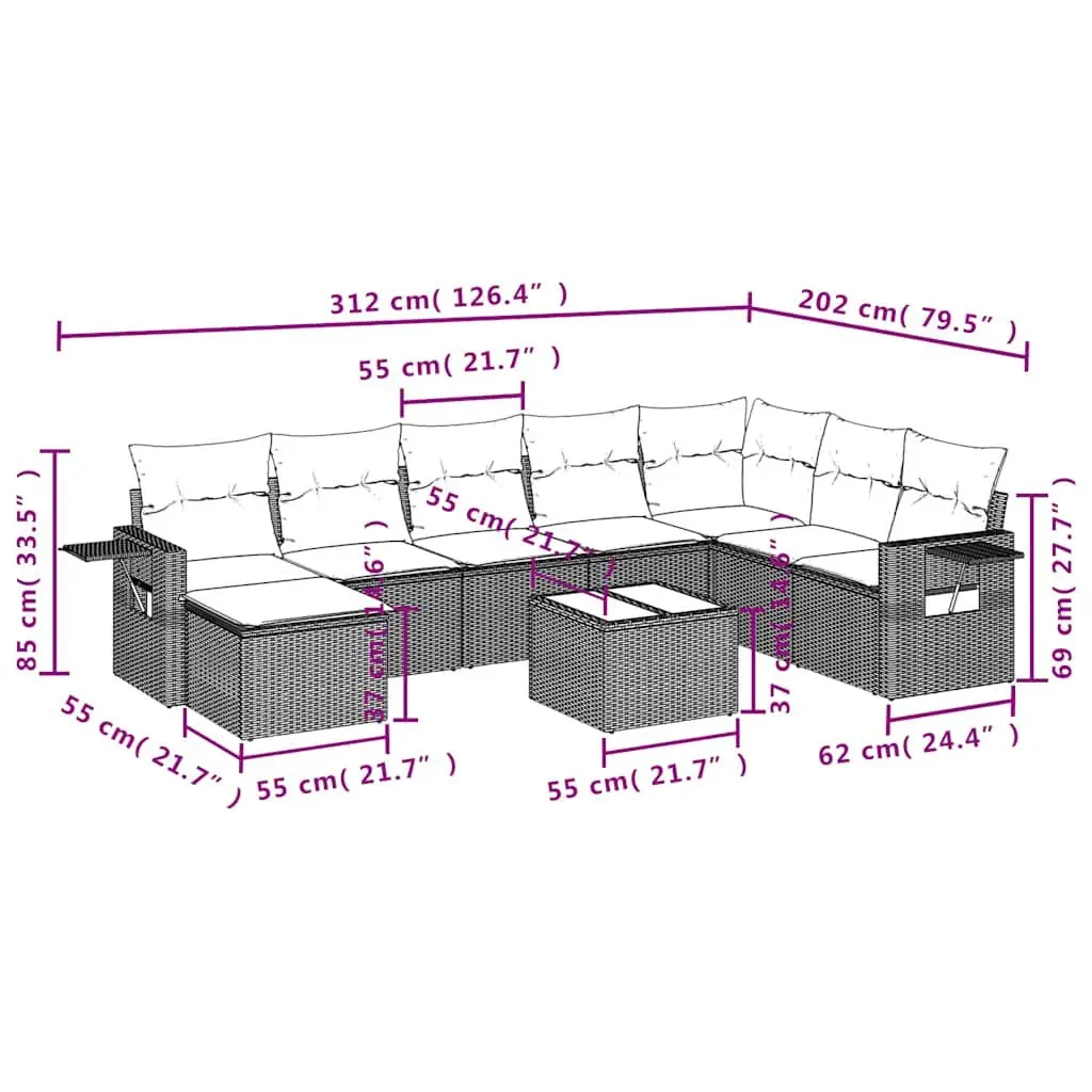 Garden Sofa Set 9 Piece Outdoor Furniture Black Poly Rattan with Cushions Patio
