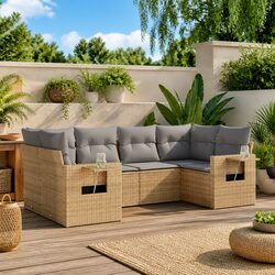 Garden Sofa Set: 6-Piece Beige Poly Rattan Lounge