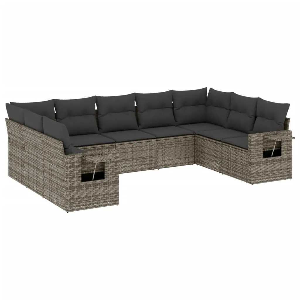 9 Piece Outdoor Garden Sofa Set Grey Poly Rattan Patio Furniture Cushioned