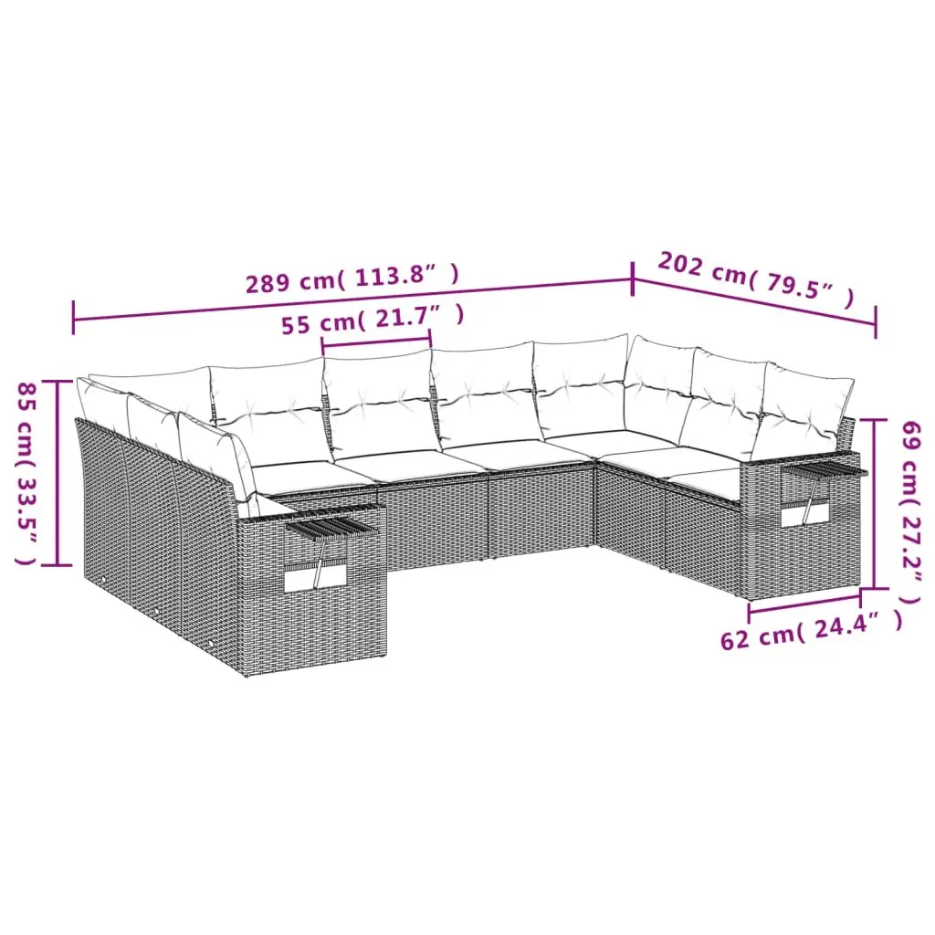 9 Piece Outdoor Garden Sofa Set Grey Poly Rattan Patio Furniture Cushioned