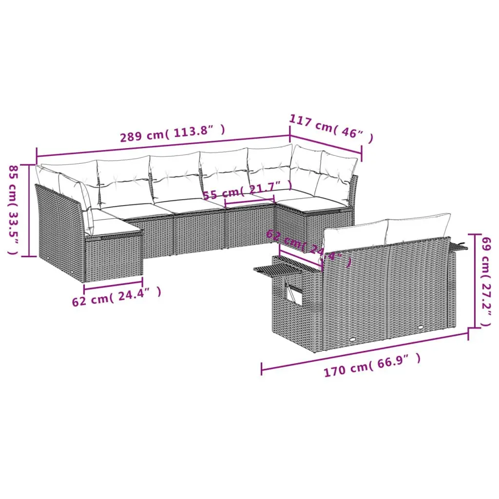9 Piece Modular Outdoor Furniture Set Grey Poly Rattan Sofa for Backyard Patio and Terrace