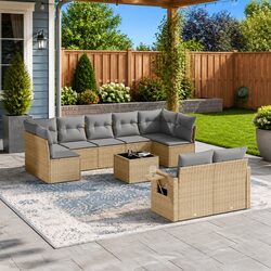 10 Piece Outdoor Lounge Set - Beige Poly Rattan Furniture