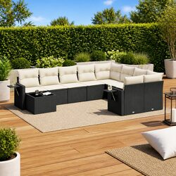 Garden Sofa Set 10 Piece Outdoor Patio Furniture Black Poly Rattan with Cushions