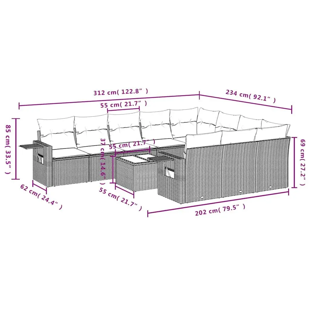 Modular Garden Sofa Set 11 Piece Outdoor Furniture Black PE Rattan for Backyard Patio