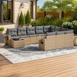 11-Piece Garden Sofa Set: Beige PE Rattan, Glass Top