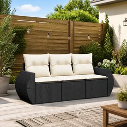 3 Piece Garden Sofa Set Outdoor Patio Furniture with Cushions Black Poly Rattan