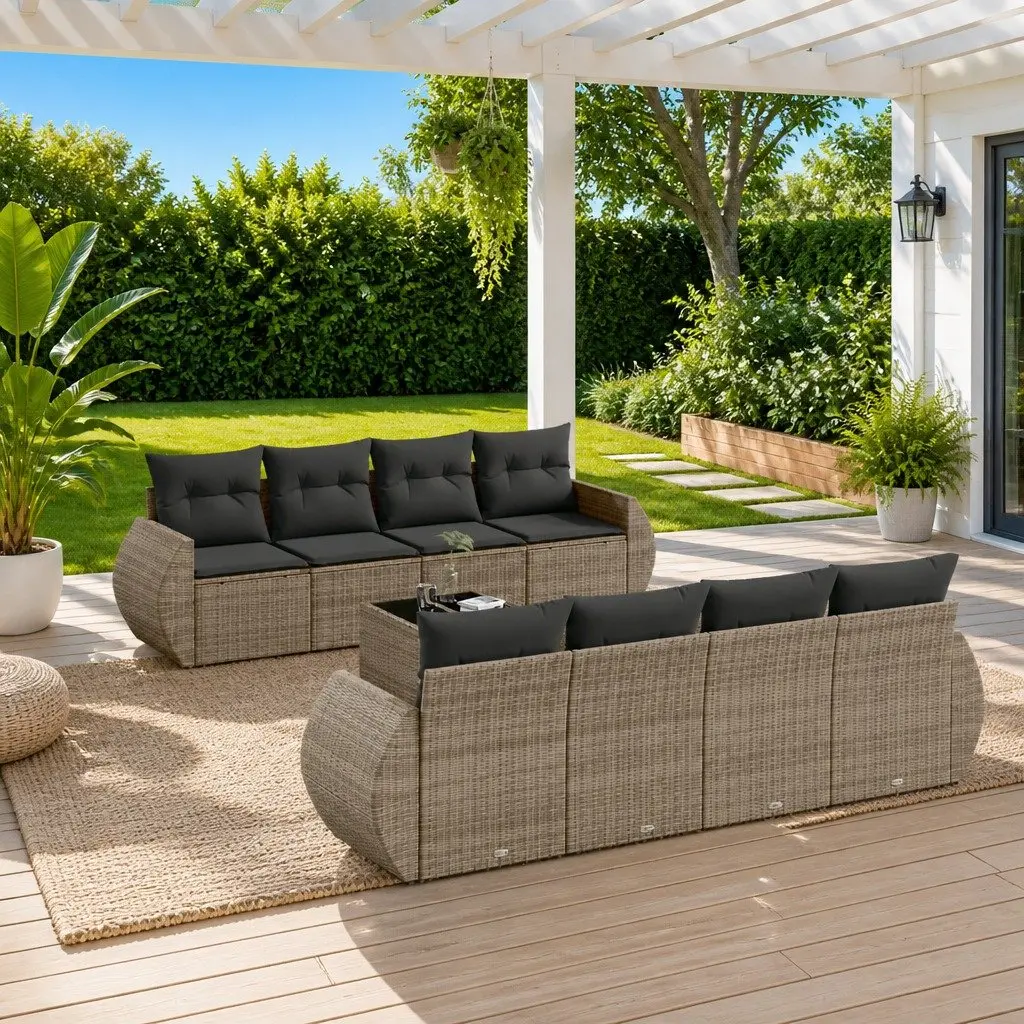 Garden Sofa Set 9 Piece Outdoor Furniture Patio Lounge Grey Poly Rattan with