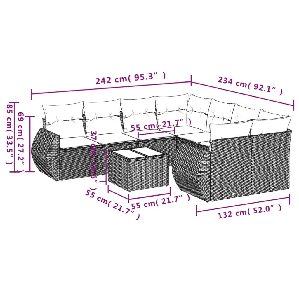 Outdoor Modular Sofa Set 9 Piece Patio Furniture Grey Rattan Cushions
