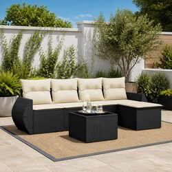 Garden Sofa Set 6 Piece Outdoor Furniture Black Poly Rattan Patio Lounge with