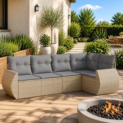5-Piece Outdoor Sofa Set – Beige Poly Rattan with Cushions