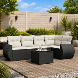 Garden Sofa Set 6 Piece Outdoor Furniture Patio Black Poly Rattan with Cushions