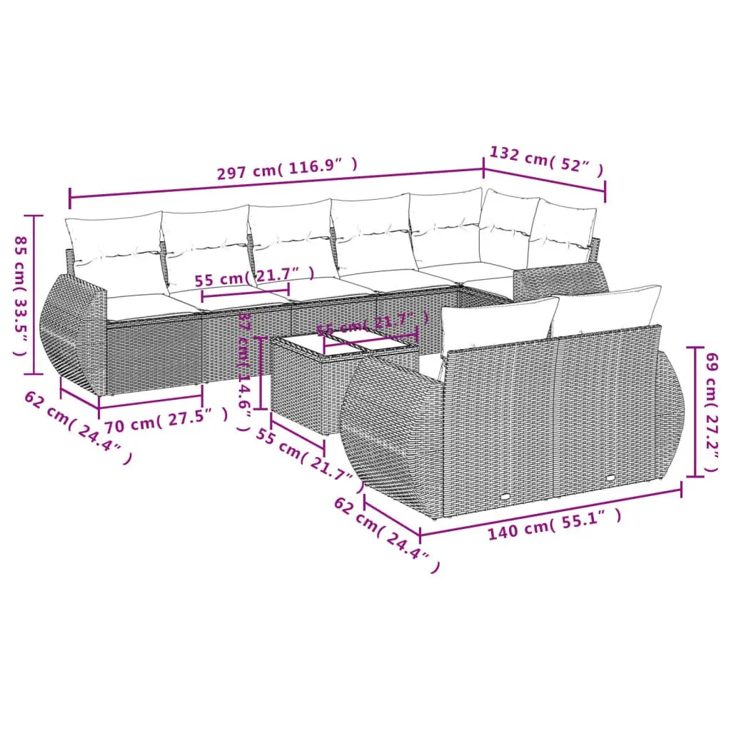 Outdoor Sectional Sofa Set 9 Piece Grey Poly Rattan Patio Furniture