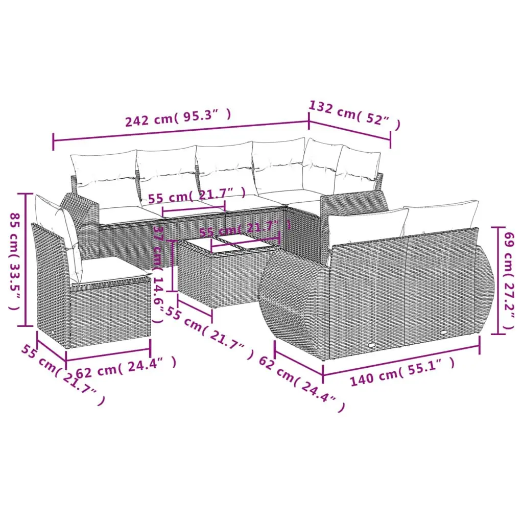 Outdoor Sectional Sofa Set 9 Piece Grey Poly Rattan Garden Furniture Patio