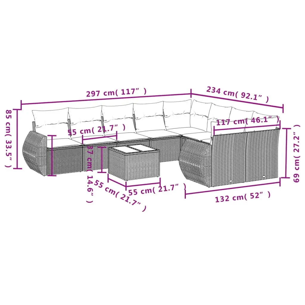 Outdoor Sectional Sofa Set Grey Poly Rattan Patio Garden Furniture 10 Piece
