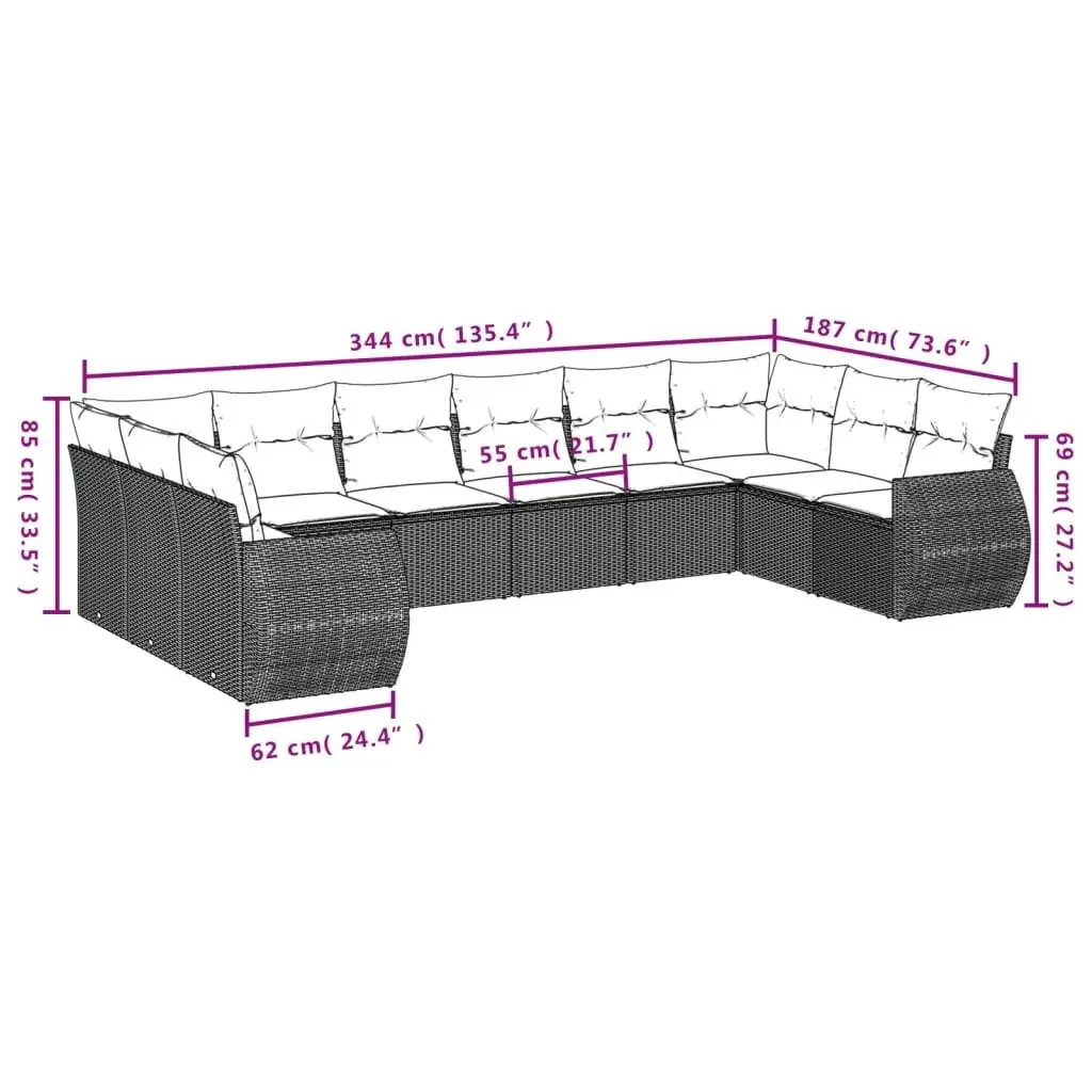 Outdoor Sectional Sofa Set 11 Piece Grey Poly Rattan Garden Furniture with