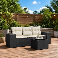 4-Piece Outdoor Sofa Set with Black Poly Rattan and Glass Table
