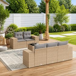 Outdoor Sectional Sofa Set 6 Piece Garden Furniture Beige Poly Rattan with
