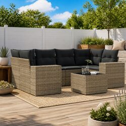 Outdoor Sectional Sofa Set 7 Piece Garden Furniture Grey Poly Rattan with