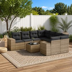 9-Piece Modular Grey Poly Rattan Sectional Sofa Set