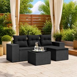 5-Piece Outdoor Sofa Set: Black Poly Rattan, Weatherproof