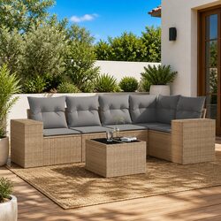 Outdoor Sectional Sofa Set 6 Piece Garden Furniture Beige Poly Rattan with