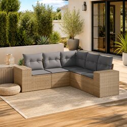 Garden Sofa Set 5 Piece Outdoor Furniture with Cushions Beige Poly Rattan Patio