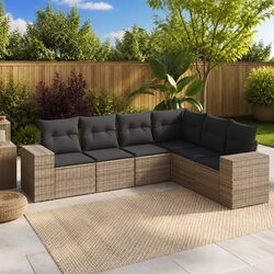 Garden Sofa Set 6 Piece Outdoor Furniture Grey Poly Rattan Patio Lounge Cushions