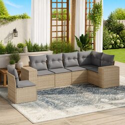 6 Piece Modular Garden Sofa Set – PE Rattan, Beige Cushions