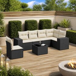 Outdoor Garden Sofa Set 7 Piece Patio Furniture Black Poly Rattan with Cushions