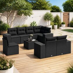 9 Piece Modular Garden Sofa Set with Cushions – Black Rattan
