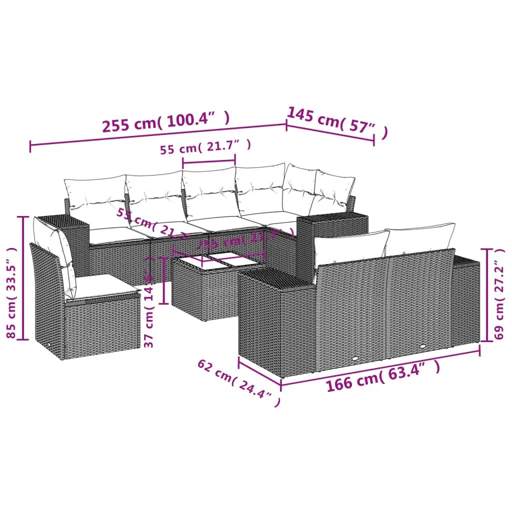 Garden Sofa Set 9 Piece Outdoor Furniture with Cushions Black Poly Rattan Patio