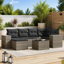 Garden Sofa Set: 7 Pieces, Grey PE Rattan, Cushions Included