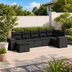 7 Piece Garden Sofa Set Outdoor Patio Furniture Black Poly Rattan with Cushions