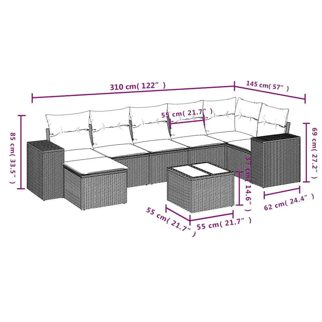 Garden Sofa Set 8 Piece Outdoor Furniture Black Poly Rattan Patio Sectional