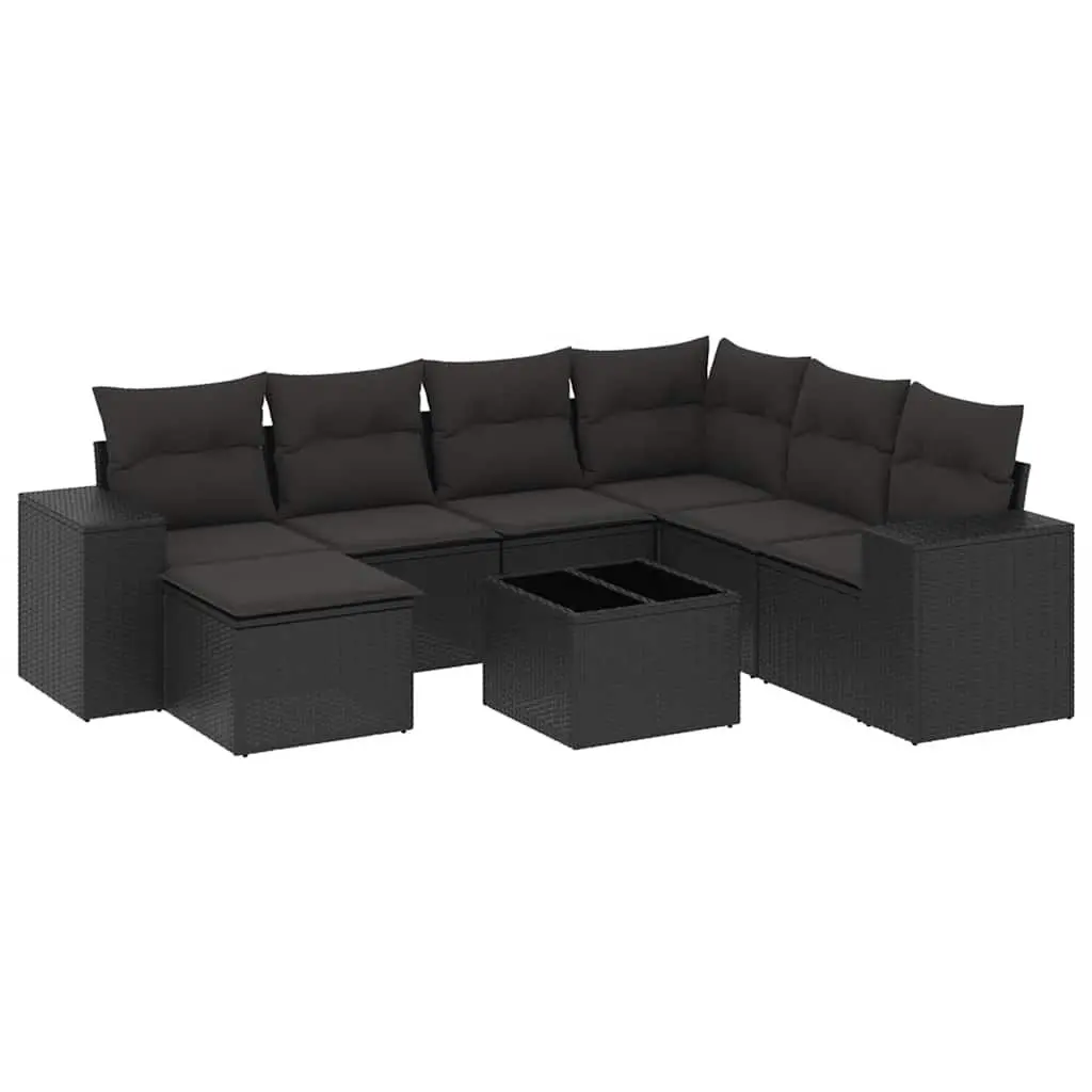 Outdoor Sofa Set 8 Piece Modular Black Poly Rattan Seating with Cushions and Tempered Glass Table for Patio and Garden