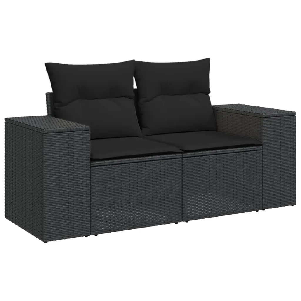 Outdoor Sofa Set 8 Piece Modular Black Poly Rattan Seating with Cushions and Tempered Glass Table for Patio and Garden